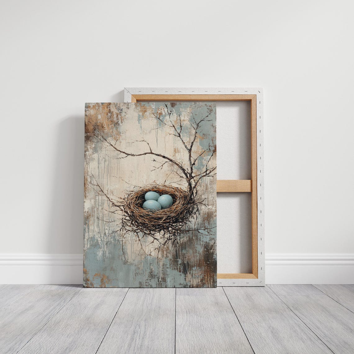 Rustic Bird Nest with Three Blue Eggs Among Bare Branches Poster - Image 3