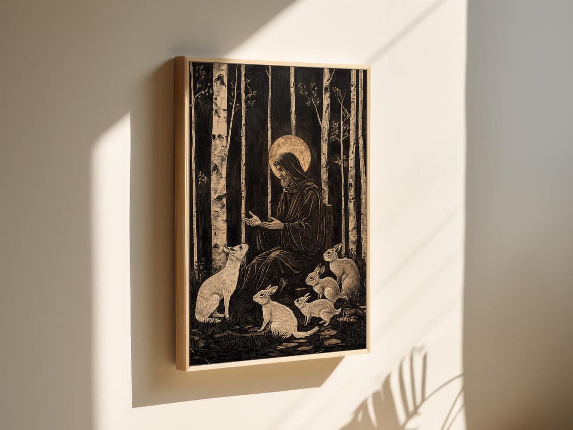 Monochrome Woodland Monk With Rabbits In Dark Birch Forest Wall Art - Image 6