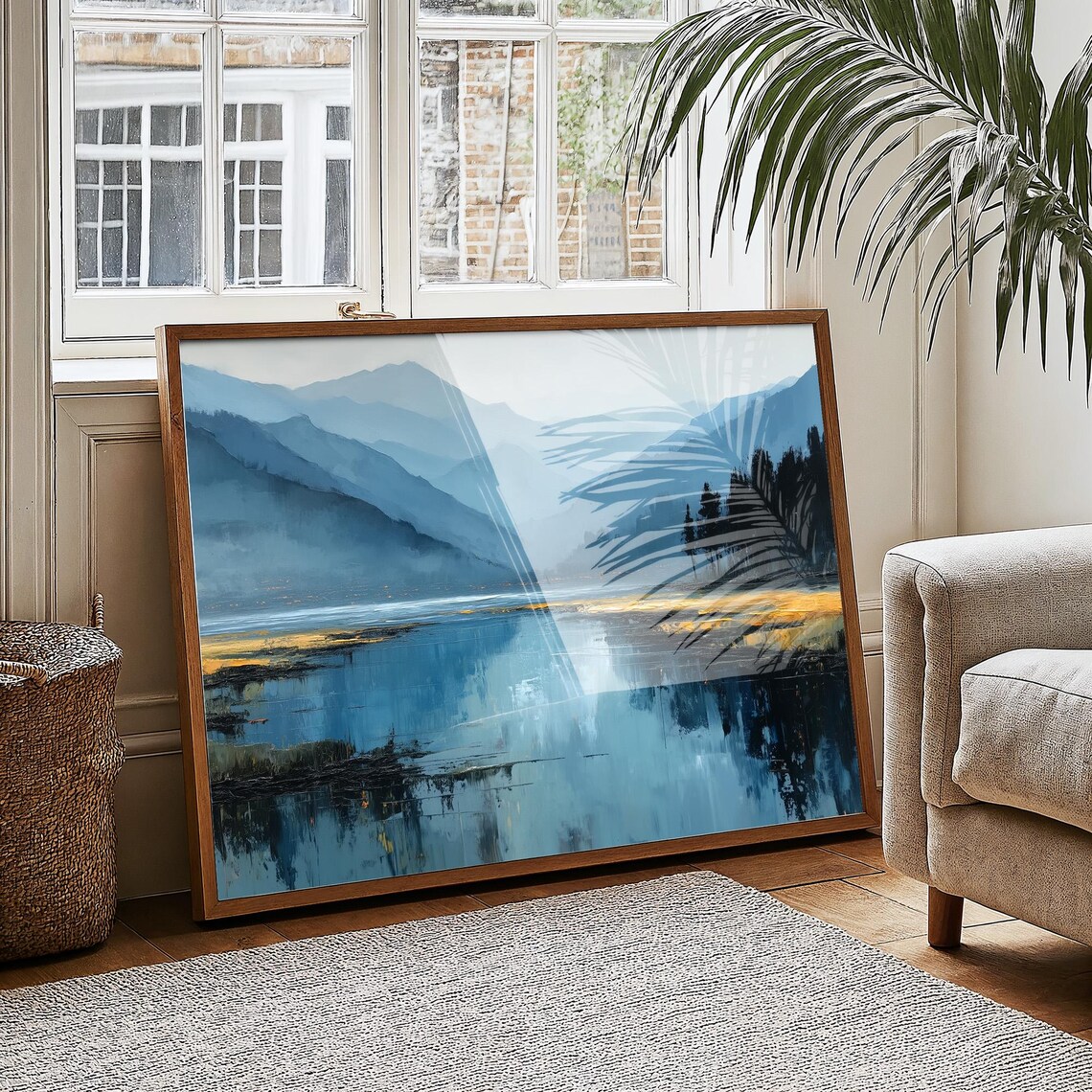 Misty Blue Mountain Lake Reflection Calm Water Landscape Art Poster