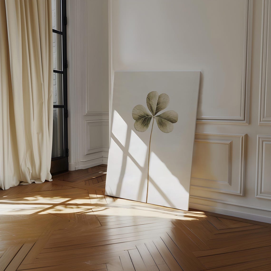 Minimalist Four Leaf Clover White Botanical Modern Art Print - Image 3