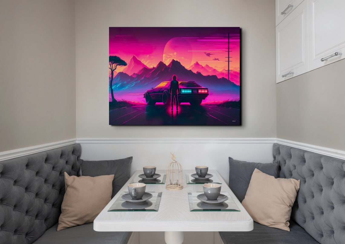 Retro Synthwave Sunset Drive Neon Mountains Giant Moon Poster - Image 3