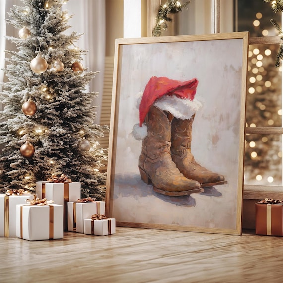 Western Cowboy Boots with Santa Hat Rustic Christmas Painting Poster