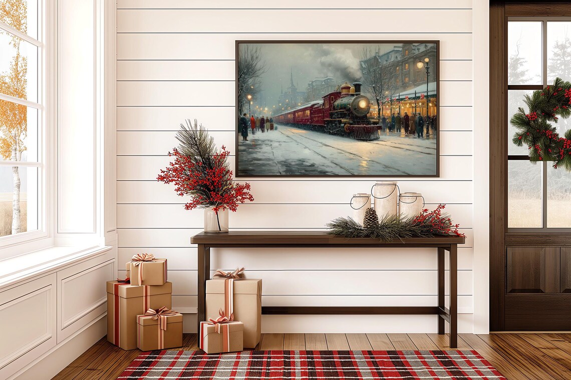 Vintage Christmas Steam Train at Snowy Town Station Holiday Scene Poster