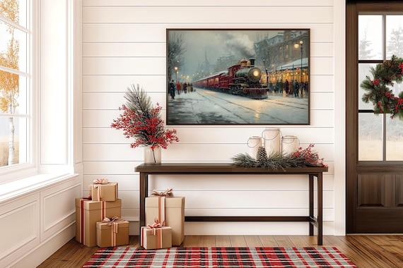 Vintage Christmas Steam Train at Snowy Town Station Holiday Scene Poster