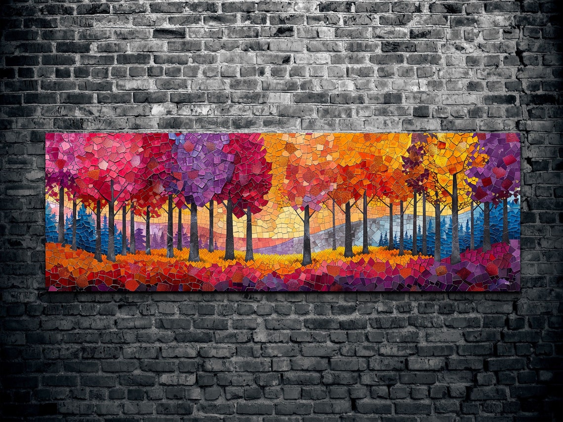 Autumn Forest Mosaic Style Colorful Panoramic Trees Painting Poster - Image 2