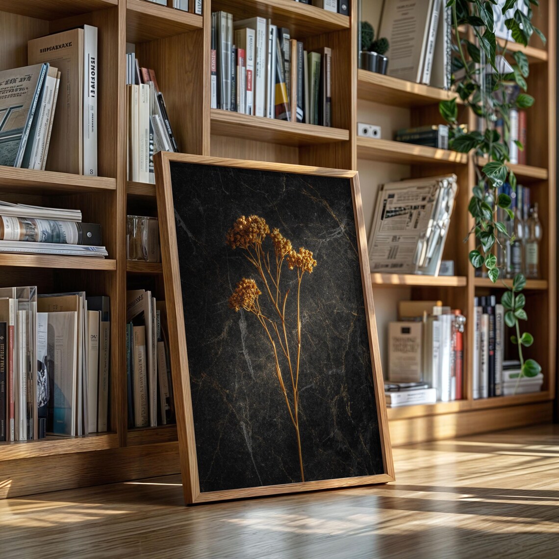 Golden Dried Flower On Black Marble Art Print