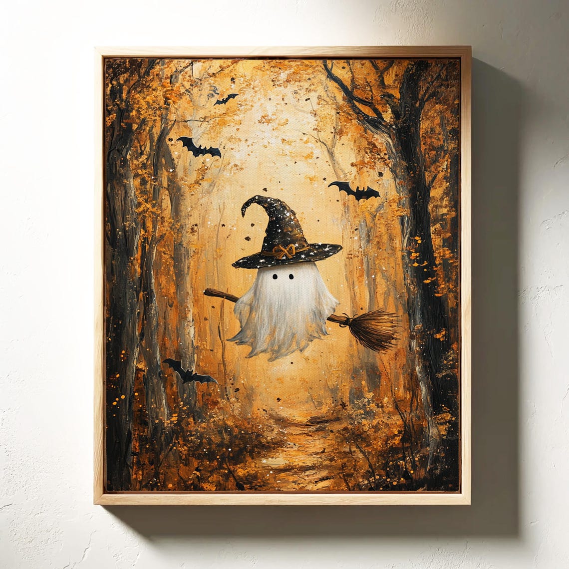 Halloween Ghost Witch Hat Broom Spooky Cute Fall Forest Art Print - Image 3