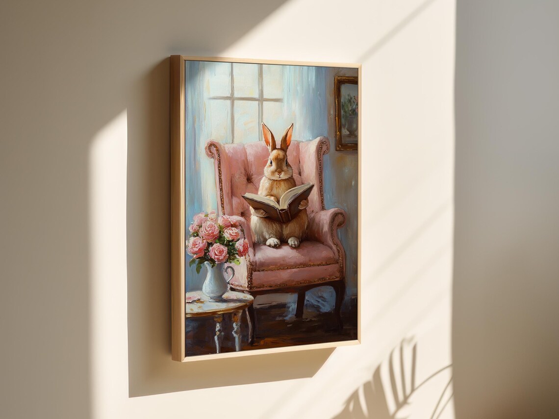 Bunny Reading Book in Pink Armchair With Roses Whimsical Painting Wall Art - Image 6
