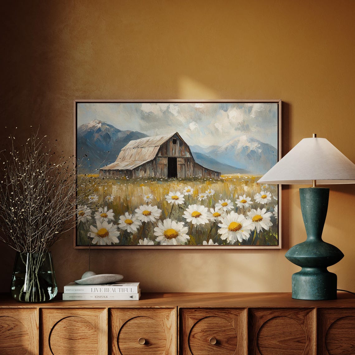 Rustic Old Barn In Daisy Field With Distant Mountains Wall Art - Image 4