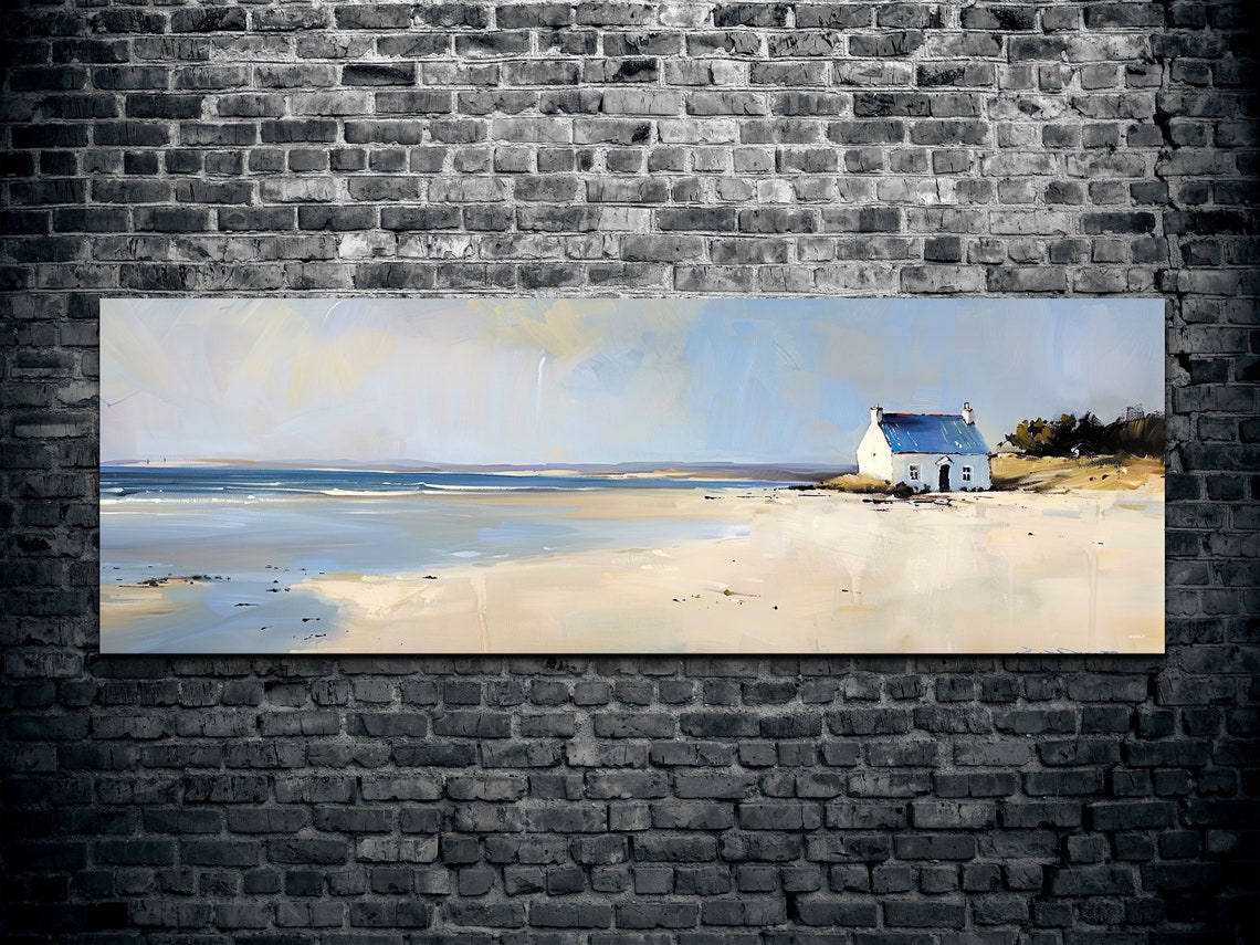 Whitewashed Cottage on Quiet Beach Ocean Oil Painting Wall Poster - Image 2