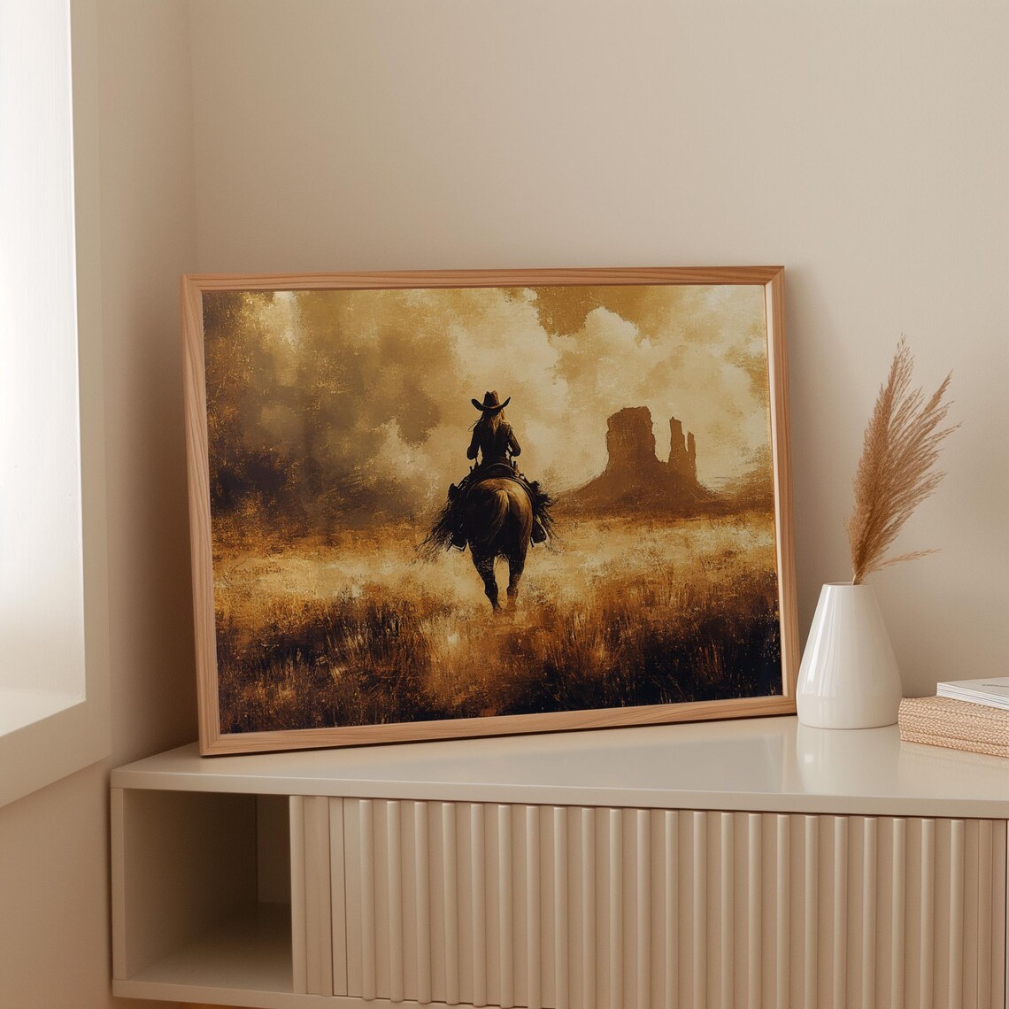 Cowgirl Riding Horse Through Golden Wheat Field Desert Art Poster