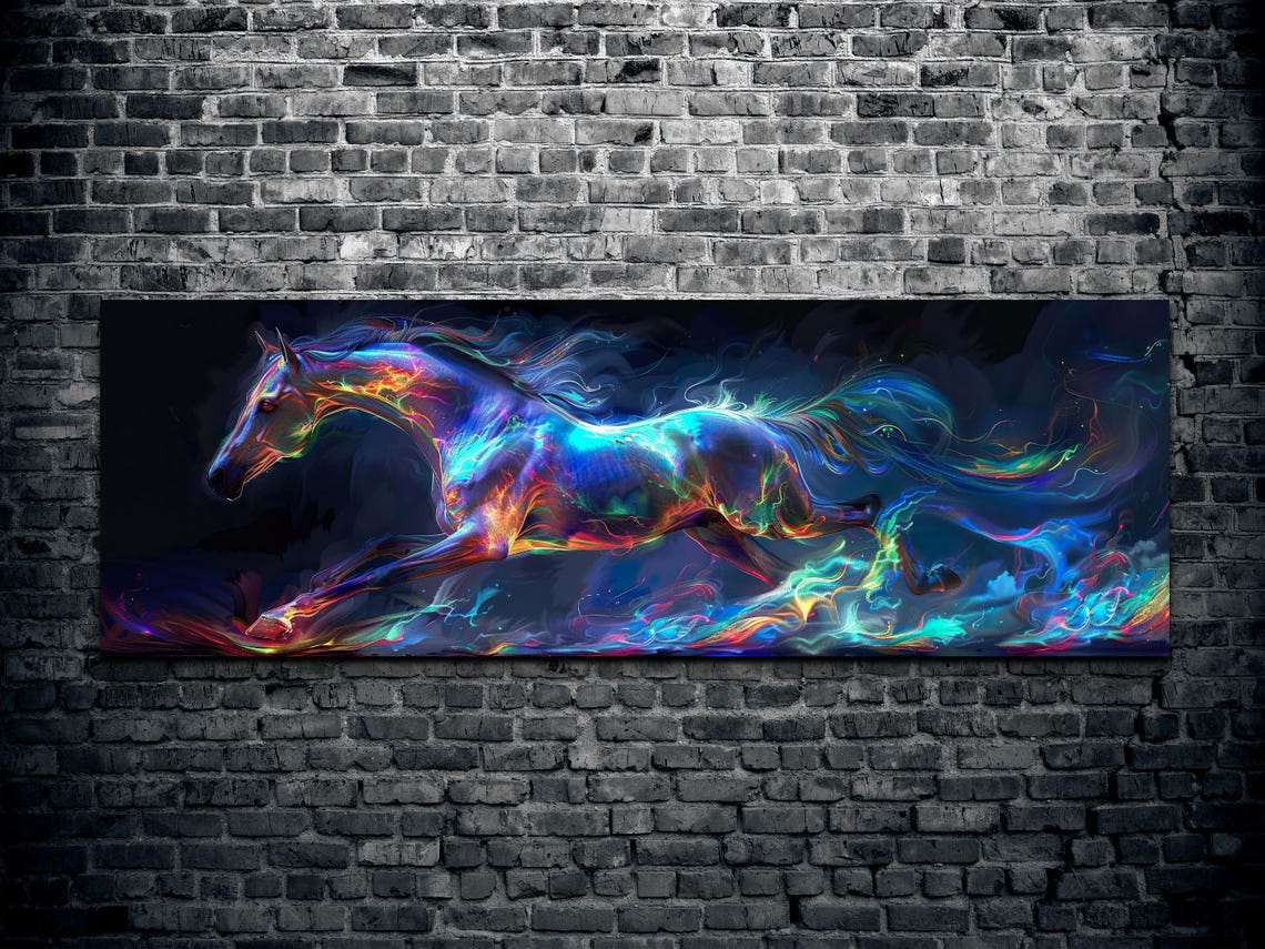 Galaxy Neon Horse Galloping Colorful Abstract Equine Art Poster - Image 2