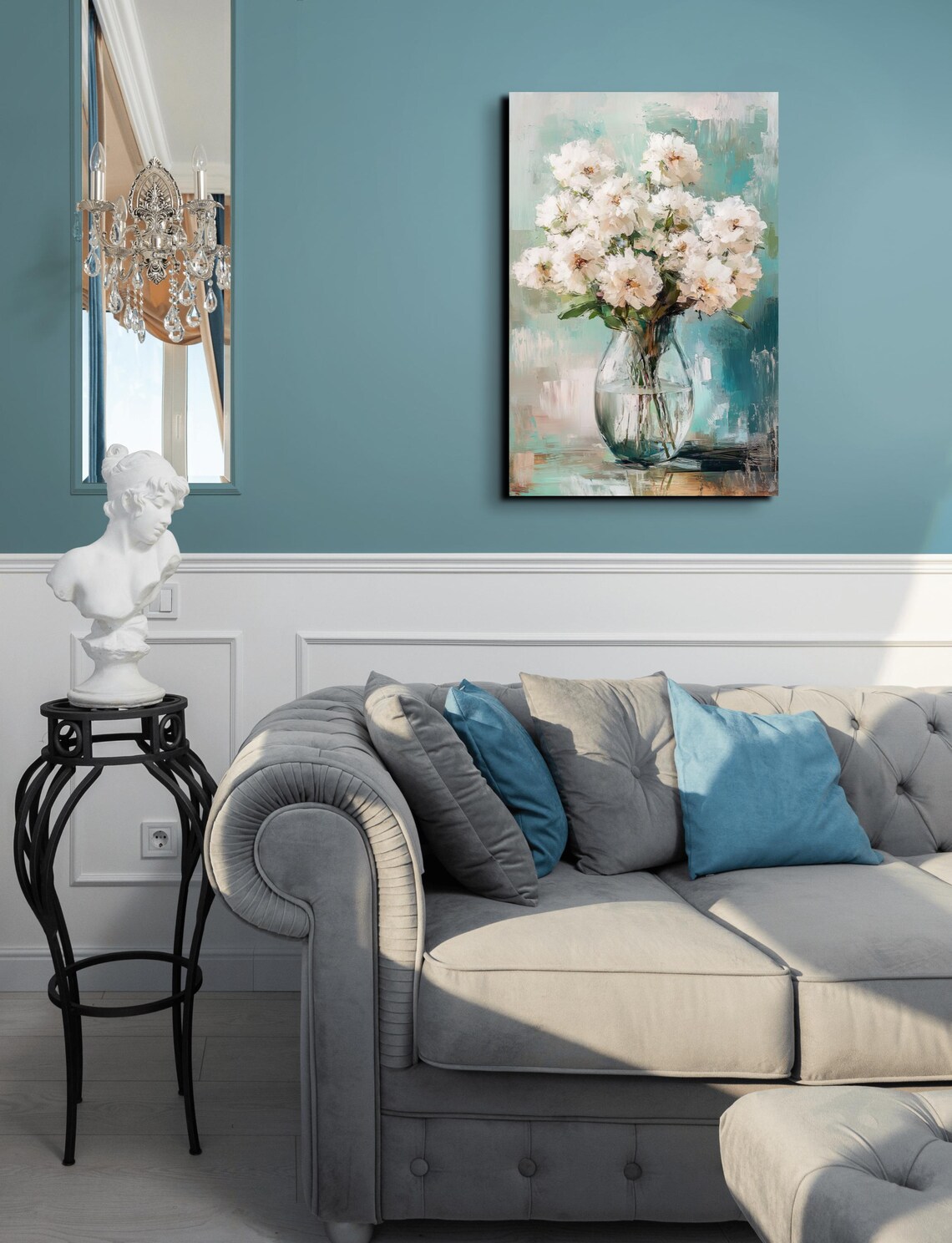 White Peonies Glass Vase Teal Abstract Floral Bouquet Art Poster - Image 6