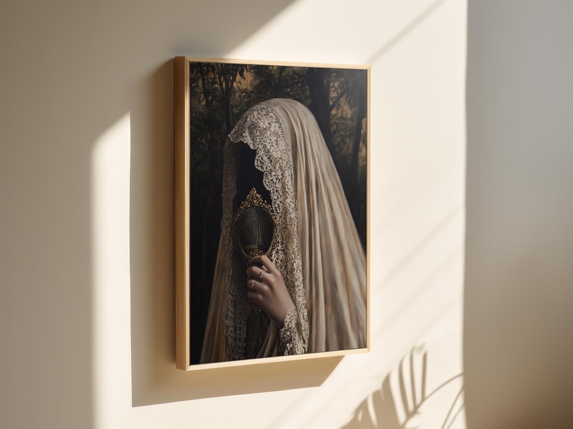 Veiled Gothic Woman Holding Ornate Mirror In Dark Forest Elegant Art Poster