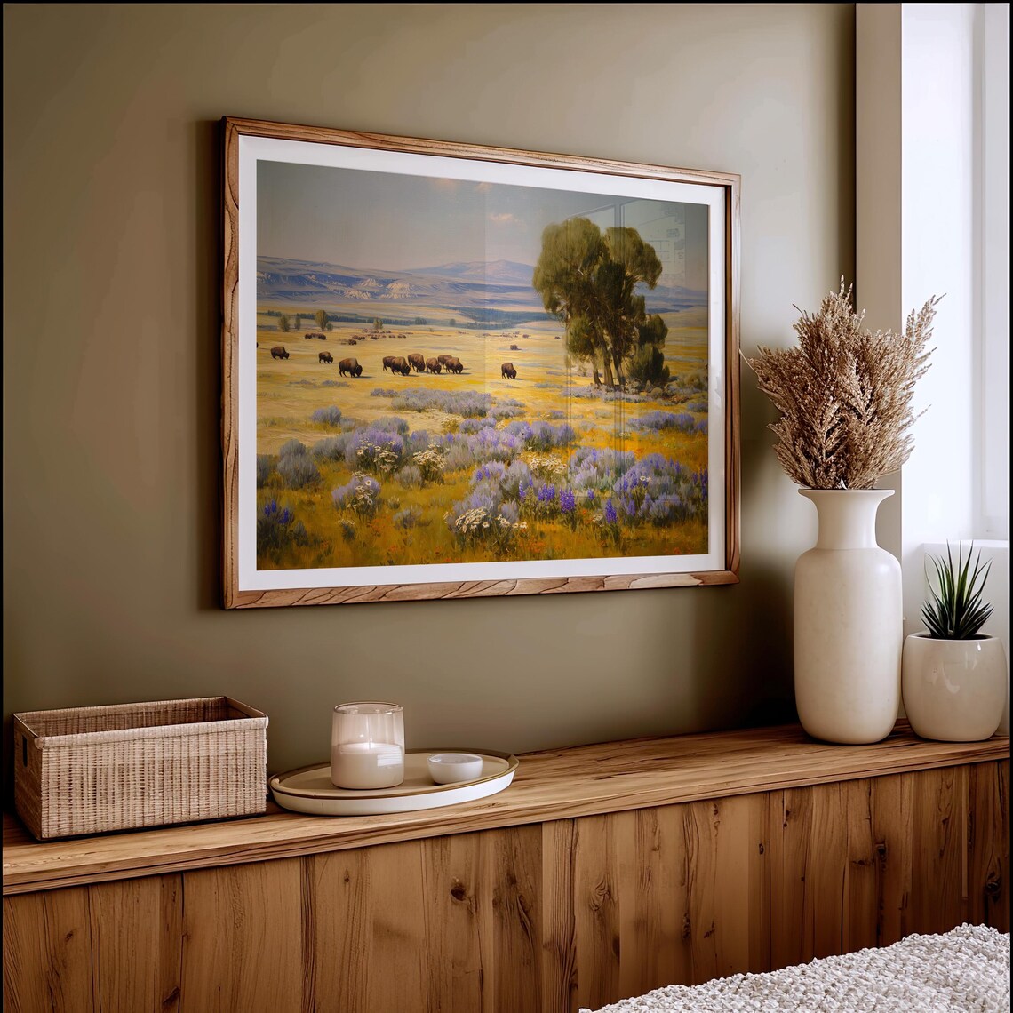 Bison Herd Grazing Among Wildflowers Art Print