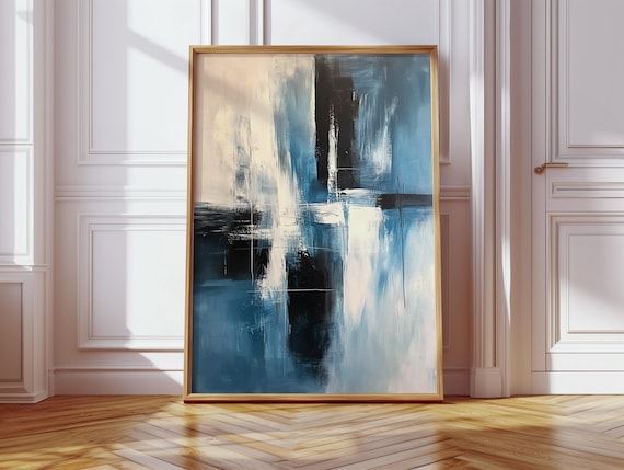 Blue Black White Abstract Canvas Wall Art Modern Textured Painting For Minimalist Neutral Decor