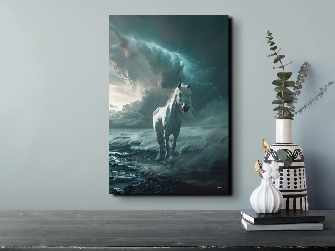 White Horse in Stormy Ocean Dramatic Lightning Seascape Poster - Image 6