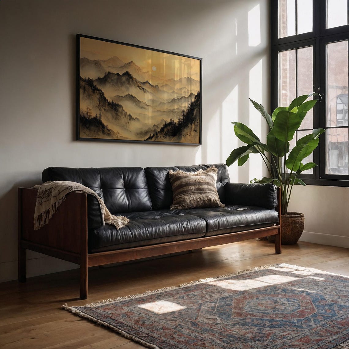 Golden Misty Mountains With Moon Asian Ink Painting Style Poster
