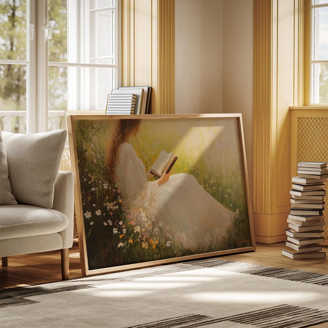 Serene Woman Reading in Wildflower Meadow Golden Light Poster - Image 5