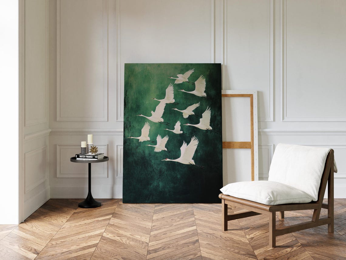 Nine White Cranes Flying On Emerald Green Textured Art Poster - Image 3