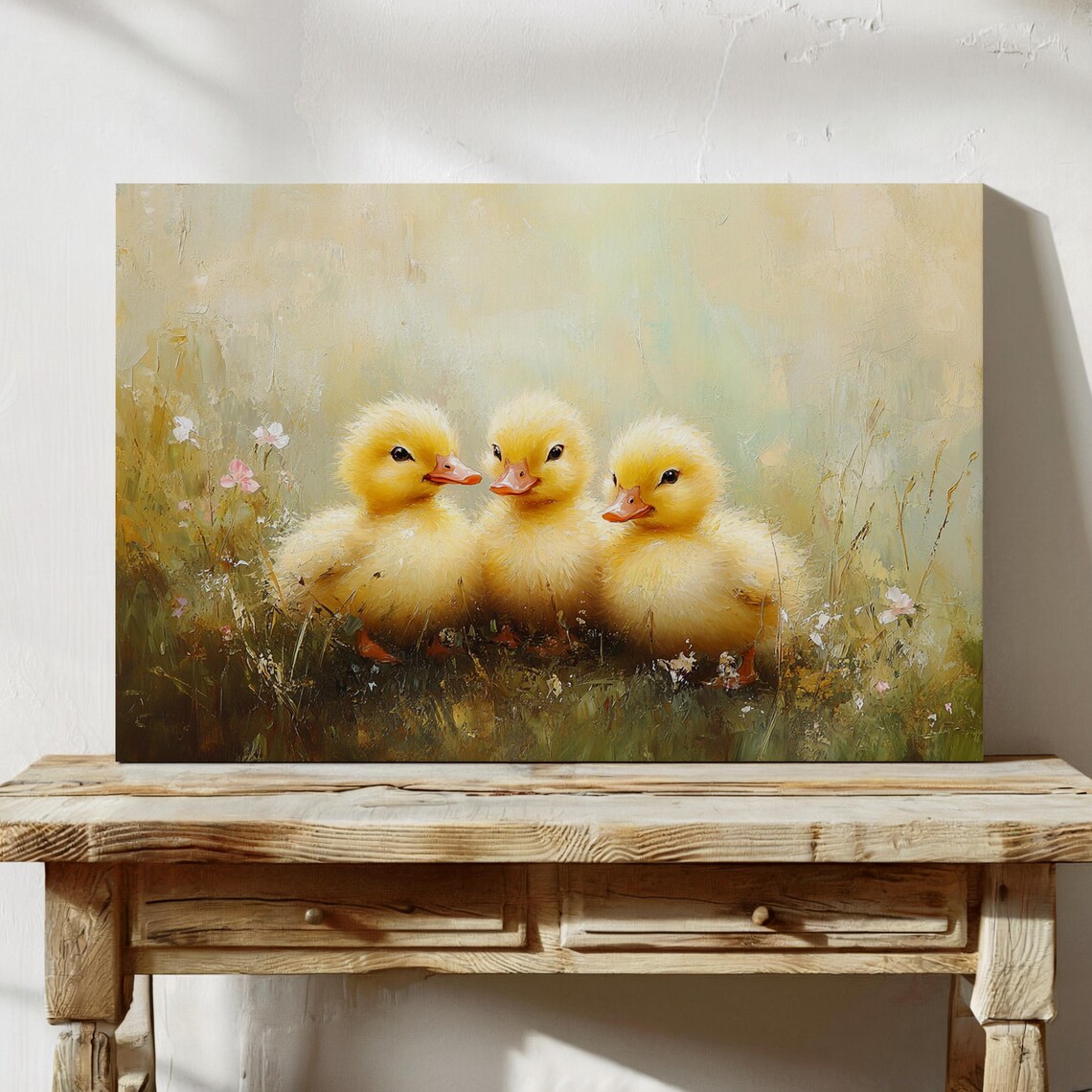 Three Fluffy Yellow Ducklings In Blooming Meadow Oil Painting Poster - Image 5