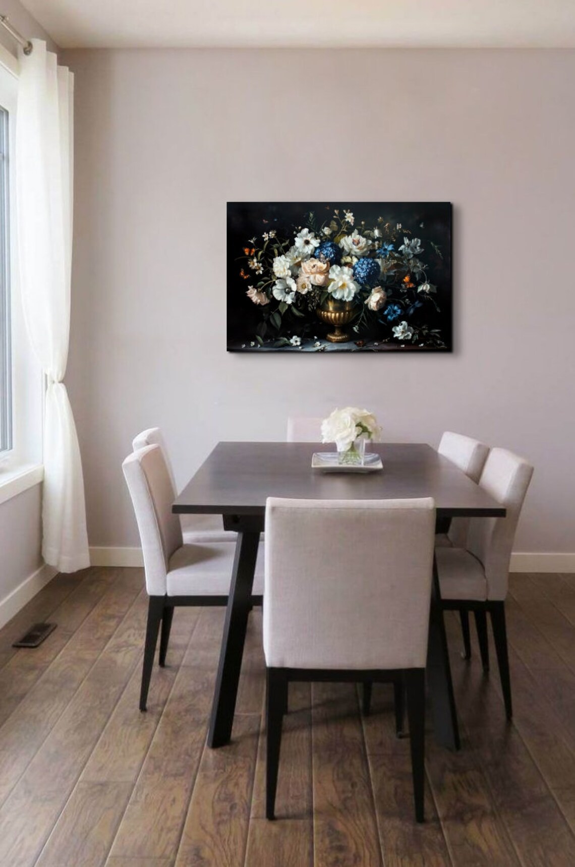 Moody Dark Floral Bouquet in Gold Vase with Butterflies Art Poster - Image 6