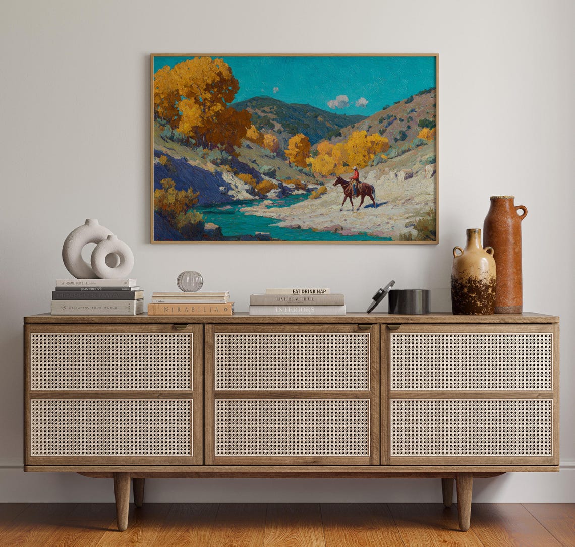 Western Cowboy Landscape Vintage Oil Painting Of Rider Crossing Mountain Stream In Autumn Southwestern Rustic Wall Art