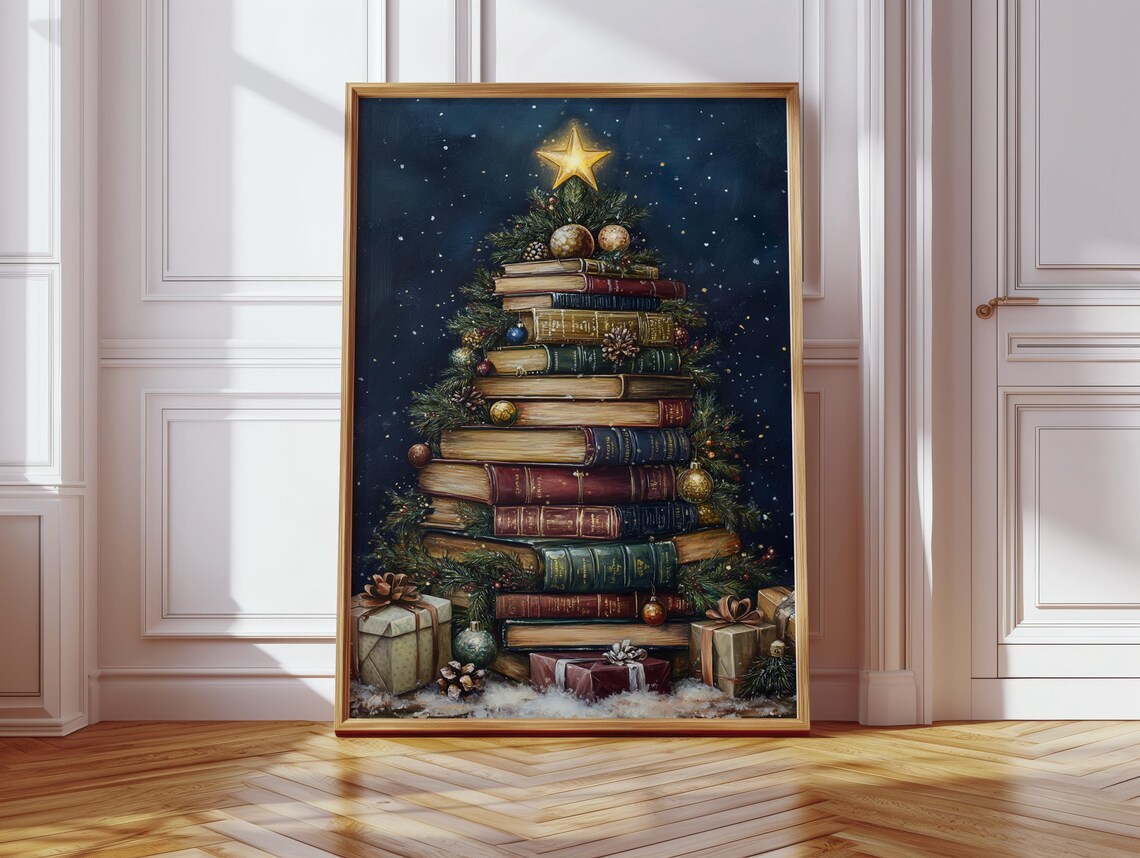 Christmas Tree Made Of Vintage Books Star Topper Cozy Art Poster