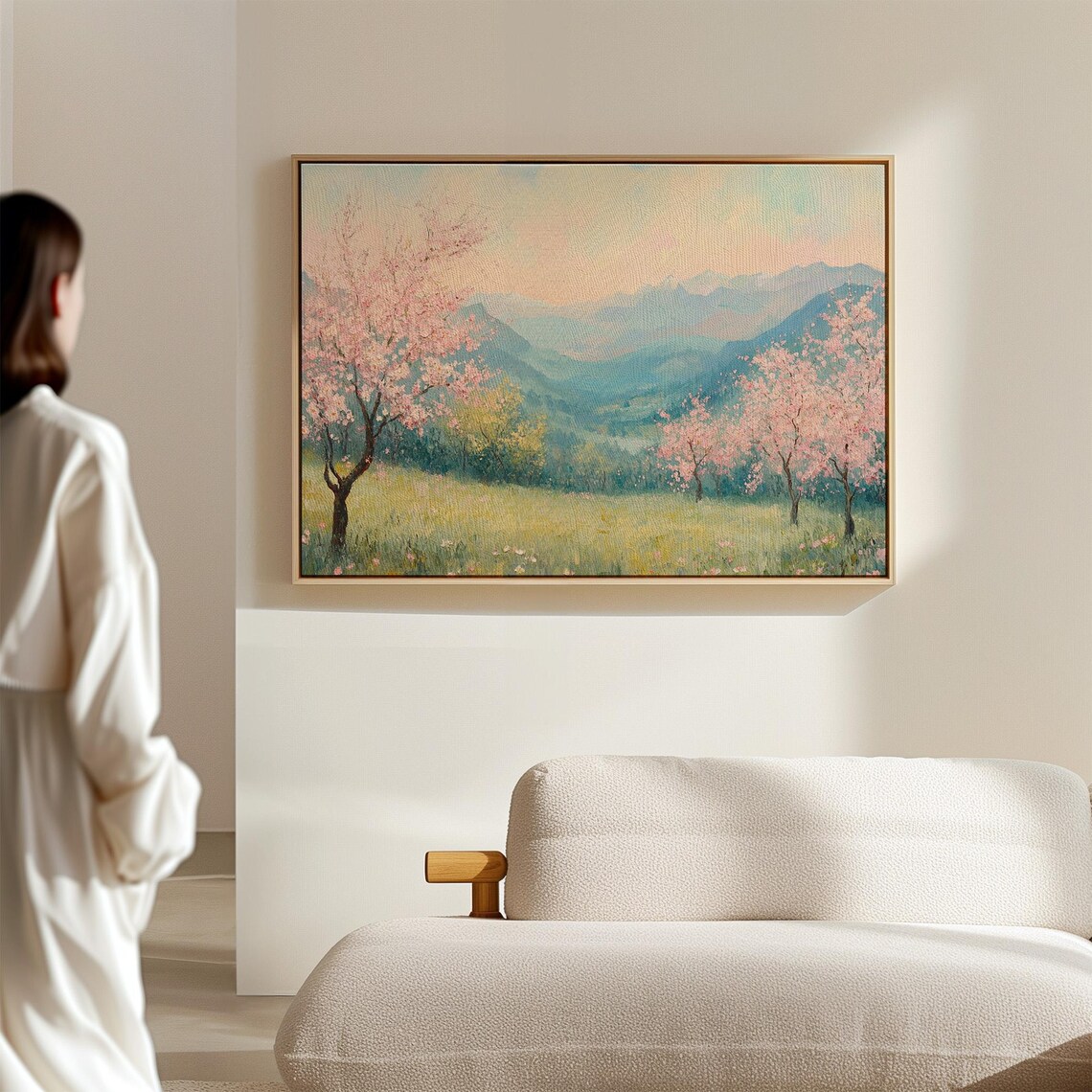 Cherry Blossom Trees In Mountain Meadow Valley Spring Landscape Wall Art - Image 6