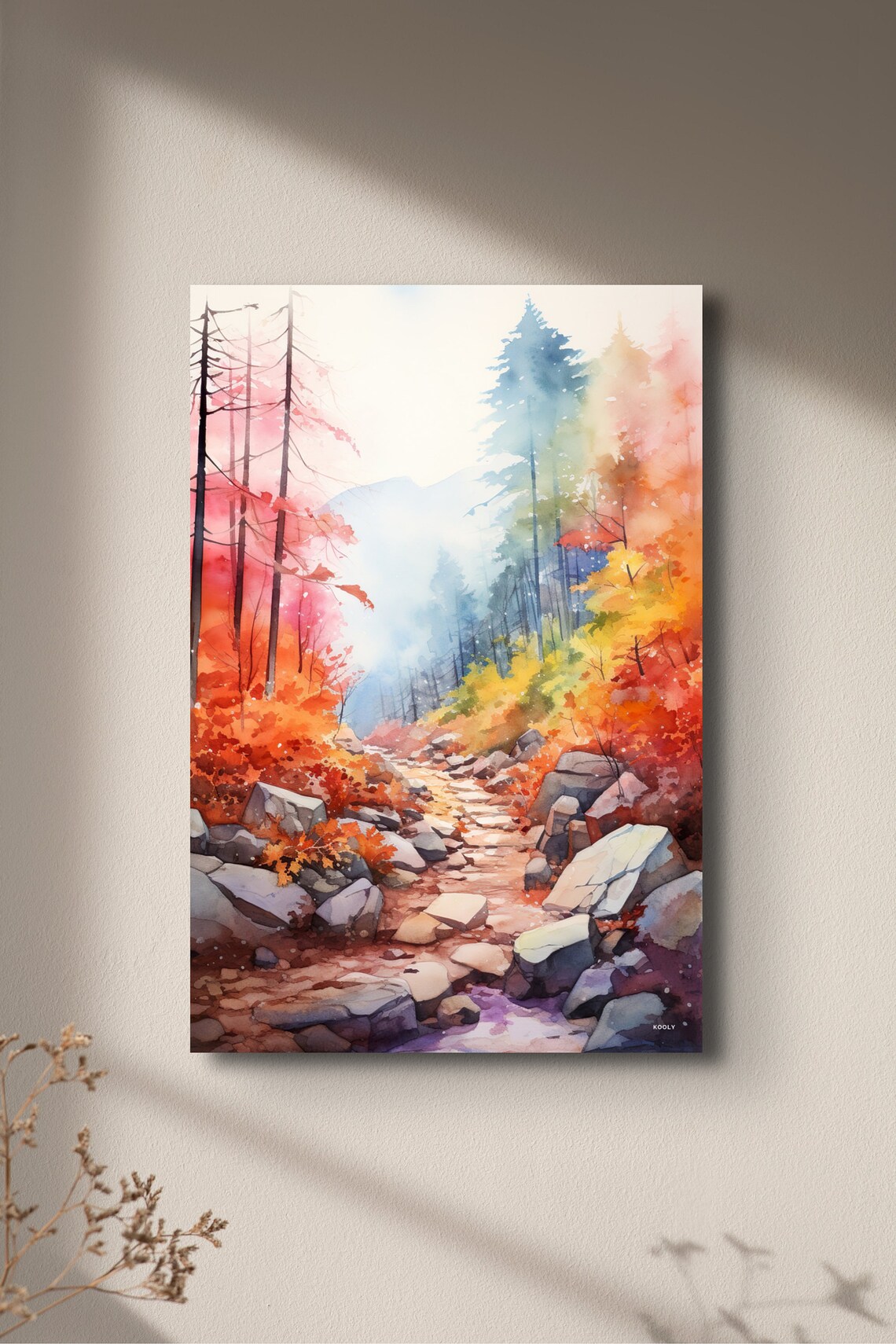 Rocky Hiking Trail Through Autumn Forest Watercolor Art Poster