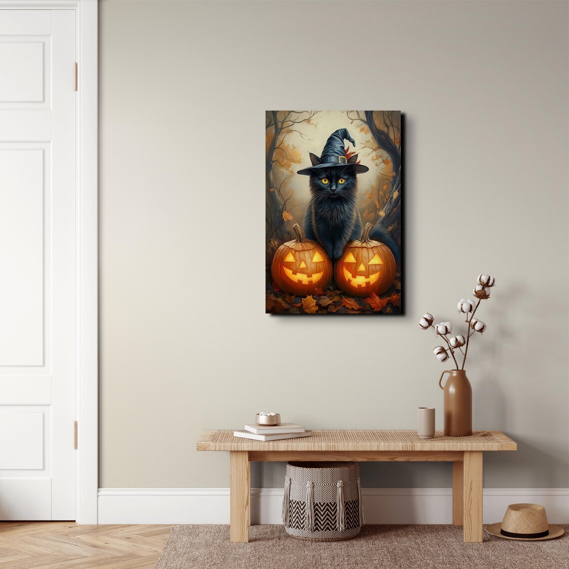 Witches Black Cat in Pumpkin Patch, Halloween Art Print - Image 4