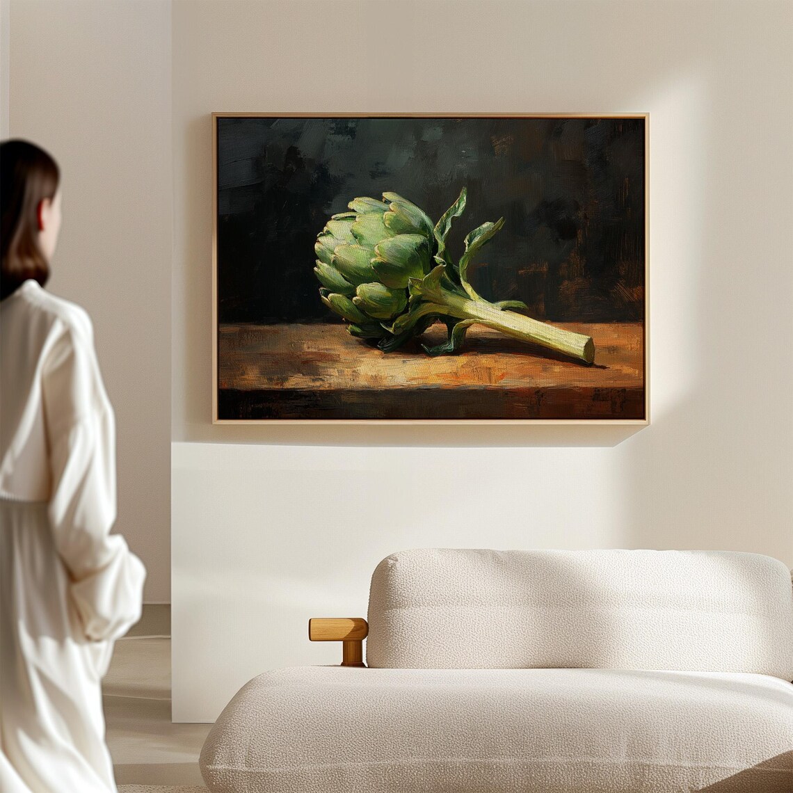 Green Artichoke Still Life Oil Painting on Dark Wood Table Poster - Image 3