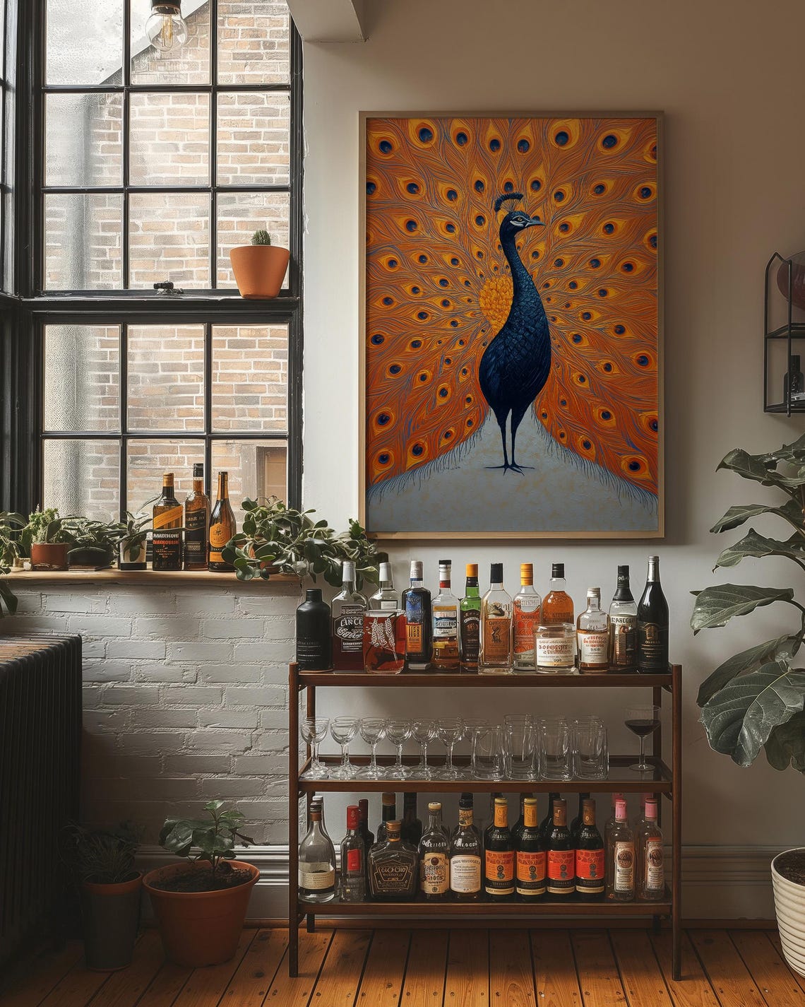Peacock Golden Orange Tail Feathers Illustration Regal Art Poster