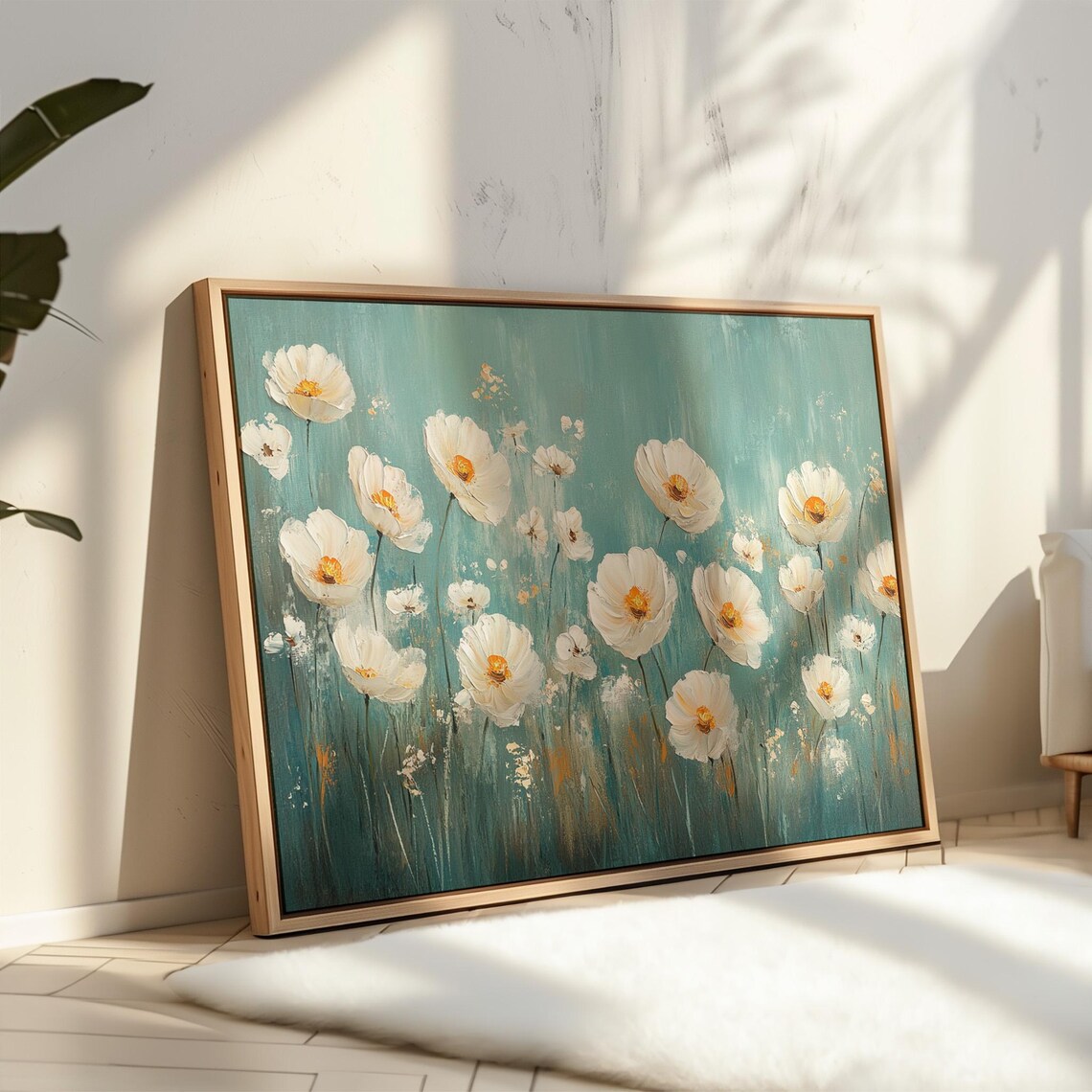 White Poppies Art Print, Turquoise Background - Image 7