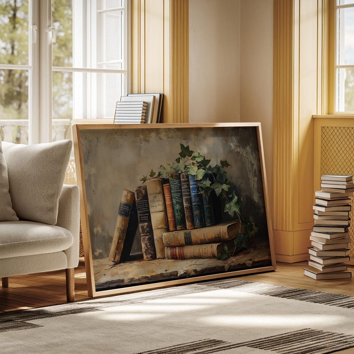 Antique Book Collection With Trailing Ivy Vintage Library Poster - Image 3