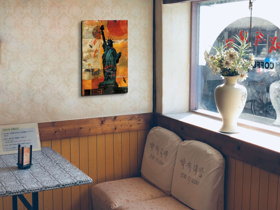 Statue of Liberty Abstract Collage with Giant Red Sun Wall Art - Image 4