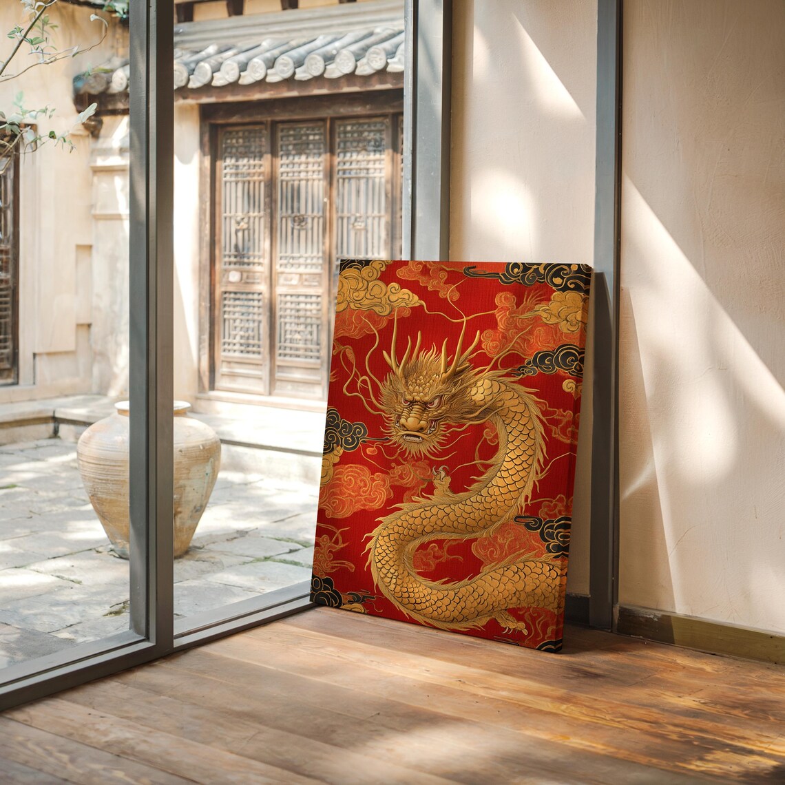 Majestic Golden Chinese Dragon With Clouds On Crimson Red Wall Art - Image 6