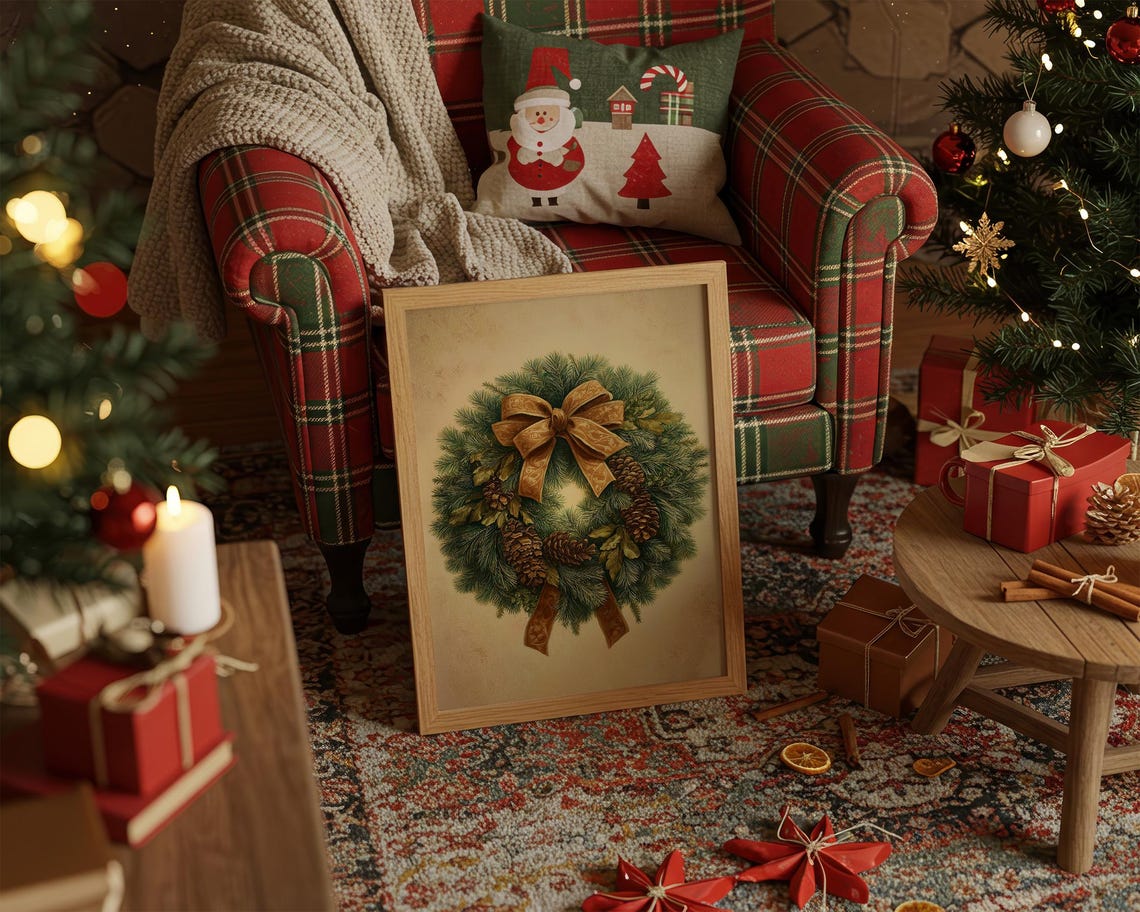 Classic Pinecone Christmas Wreath with Gold Bow Vintage Poster
