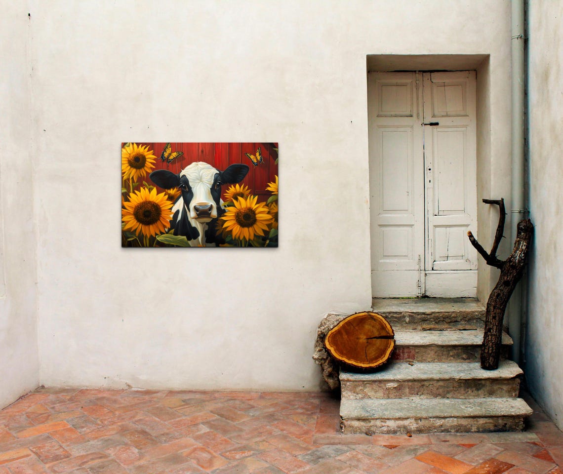 Cow Face Among Sunflowers by Red Barn Butterflies Farm Wall Poster - Image 6