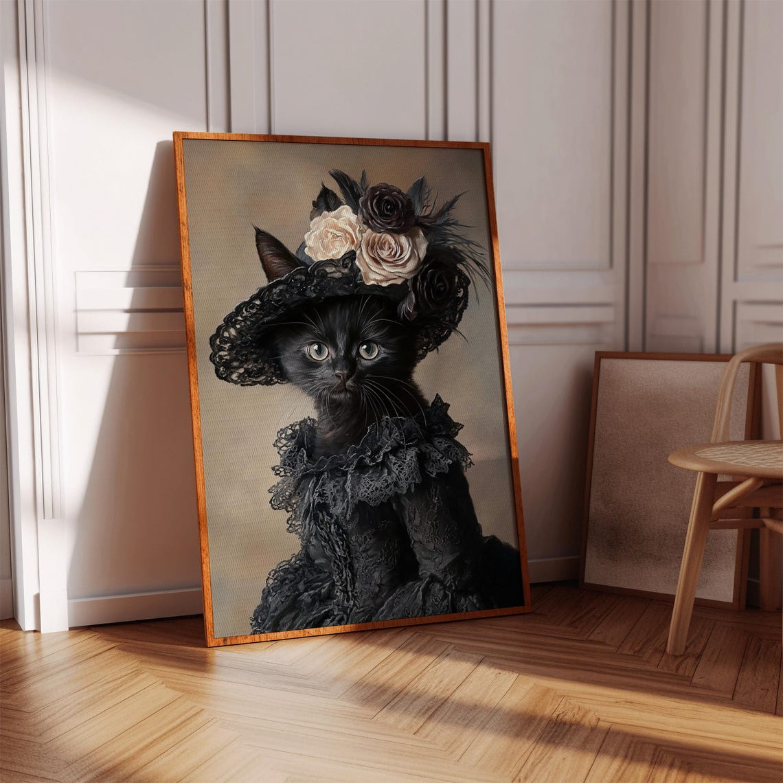 Black Kitten In Lace Dress And Rose Hat Victorian Cat Portrait Poster