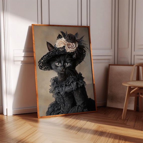 Black Kitten In Lace Dress And Rose Hat Victorian Cat Portrait Poster