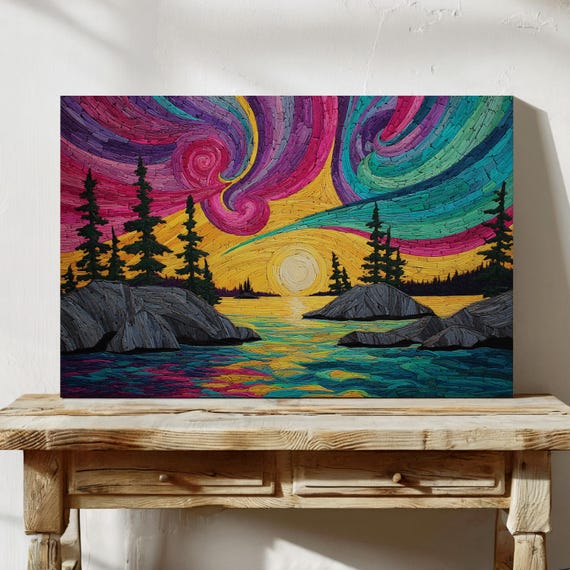 Vibrant Sunset Canvas Wall Art Colorful Northern Lake Landscape With Swirling Skies Bold Trees Abstract Natureinspired Design