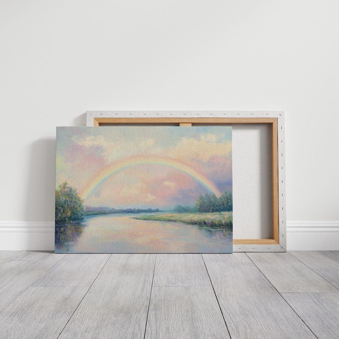 Serene Rainbow Over Calm River Peaceful Pastel Landscape Poster - Image 5