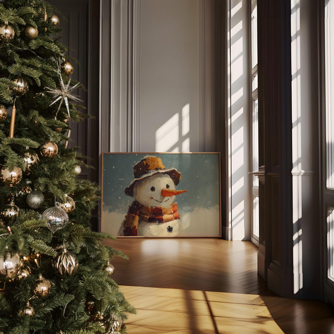 Smiling Snowman with Rustic Hat and Plaid Scarf Cheerful Winter Poster