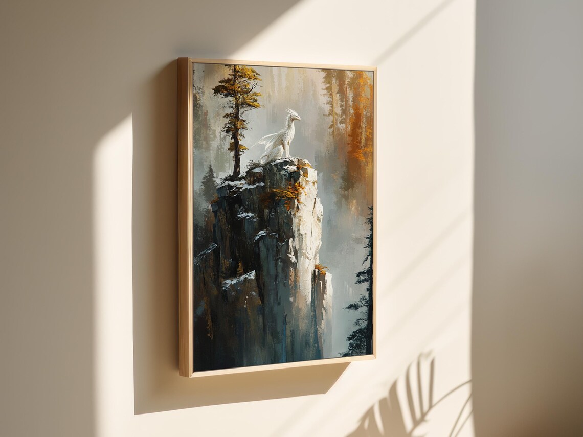 Majestic White Dragon on Cliffside, Autumnal Forest - Image 3