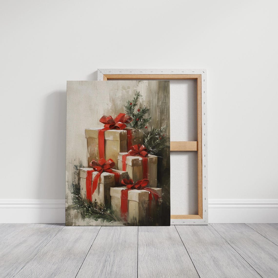 Stacked Christmas Gift Boxes With Red Ribbons Pine Holiday Poster - Image 7
