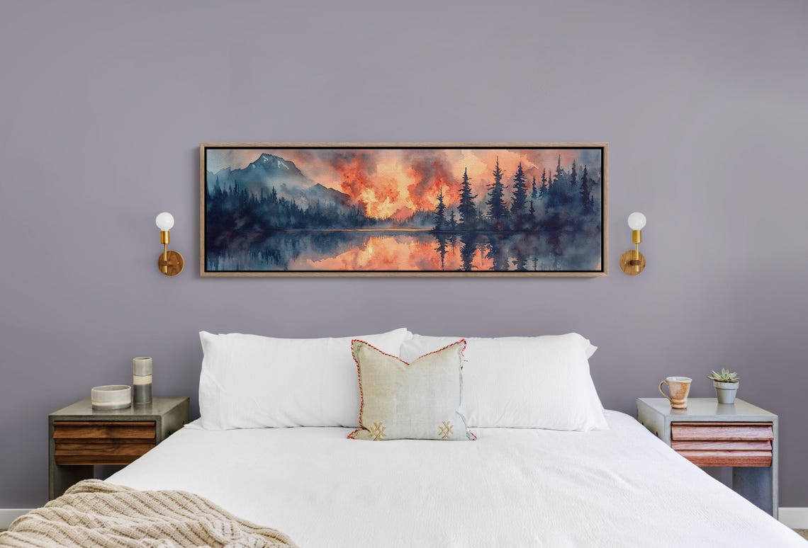 Mountain Forest Fire Reflection Dramatic Landscape Wall Art With Fiery Sunset Over Misty Trees And Mountain Peaks - Image 4