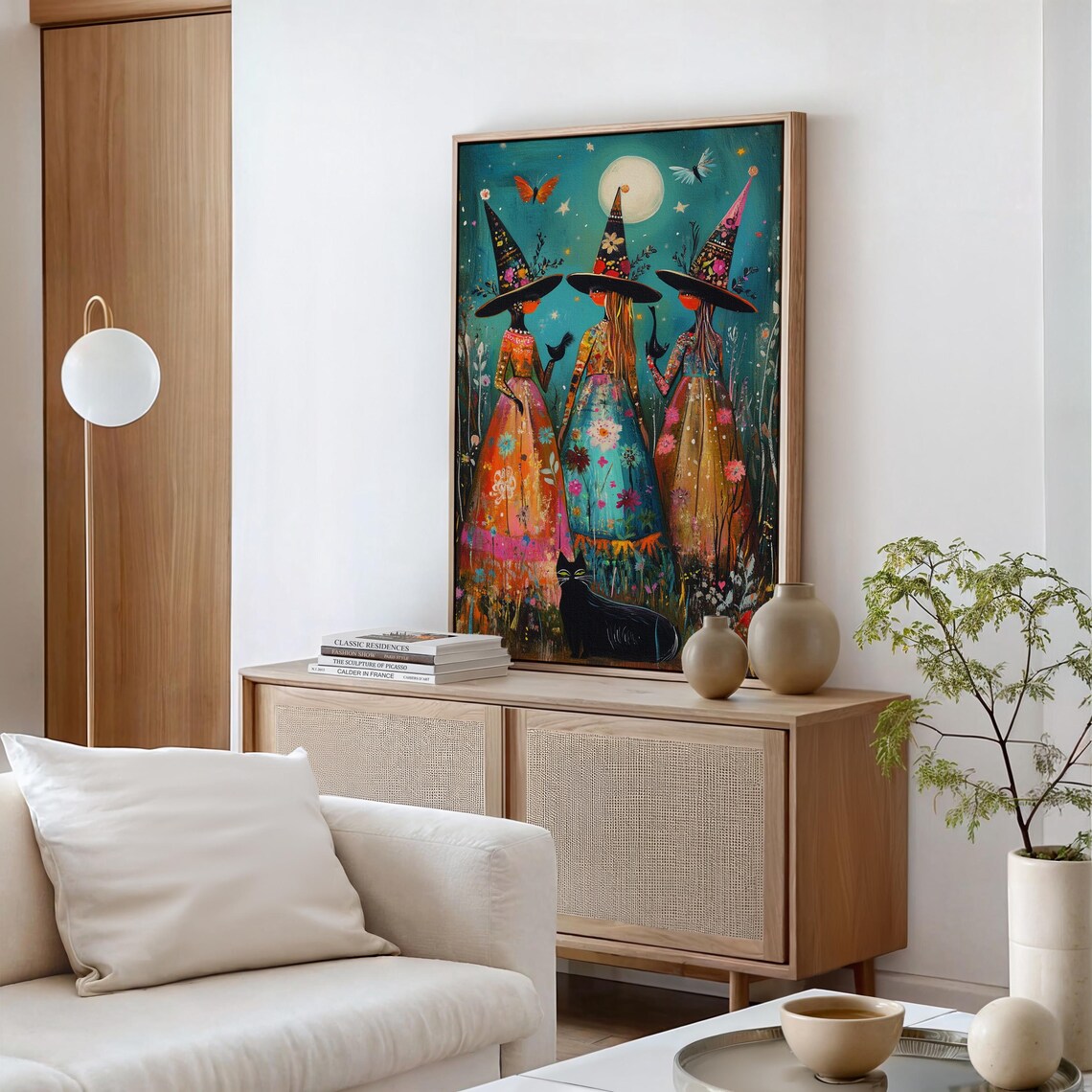 Whimsical Witches Under Full Moon Starry Night Black Cat Halloween Poster - Image 6