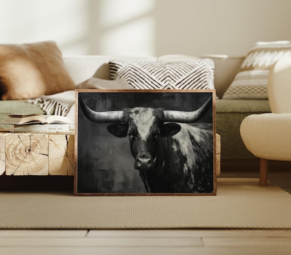 Longhorn Bull Portrait Black And White Western Cattle Poster