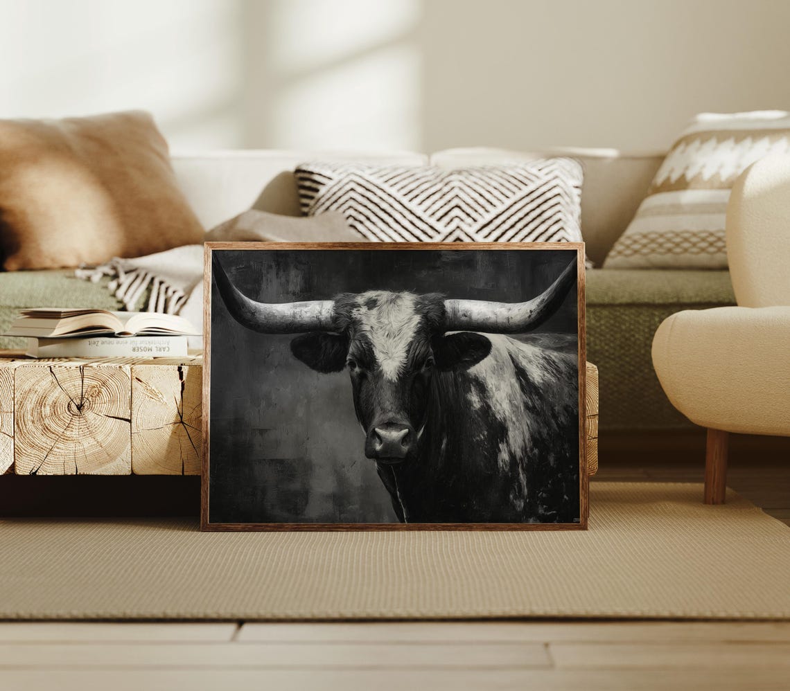 Longhorn Bull Portrait Black And White Western Cattle Poster